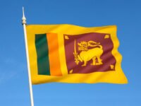 The flag of Sri Lanka consists of a gold lion, holding a kastane sword in its right fore paw on a dark red background with four golden bo leaves, one in each corner. Around the background is a yellow border, and to its left are 2 vertical stripes of equal size in green and saffron.